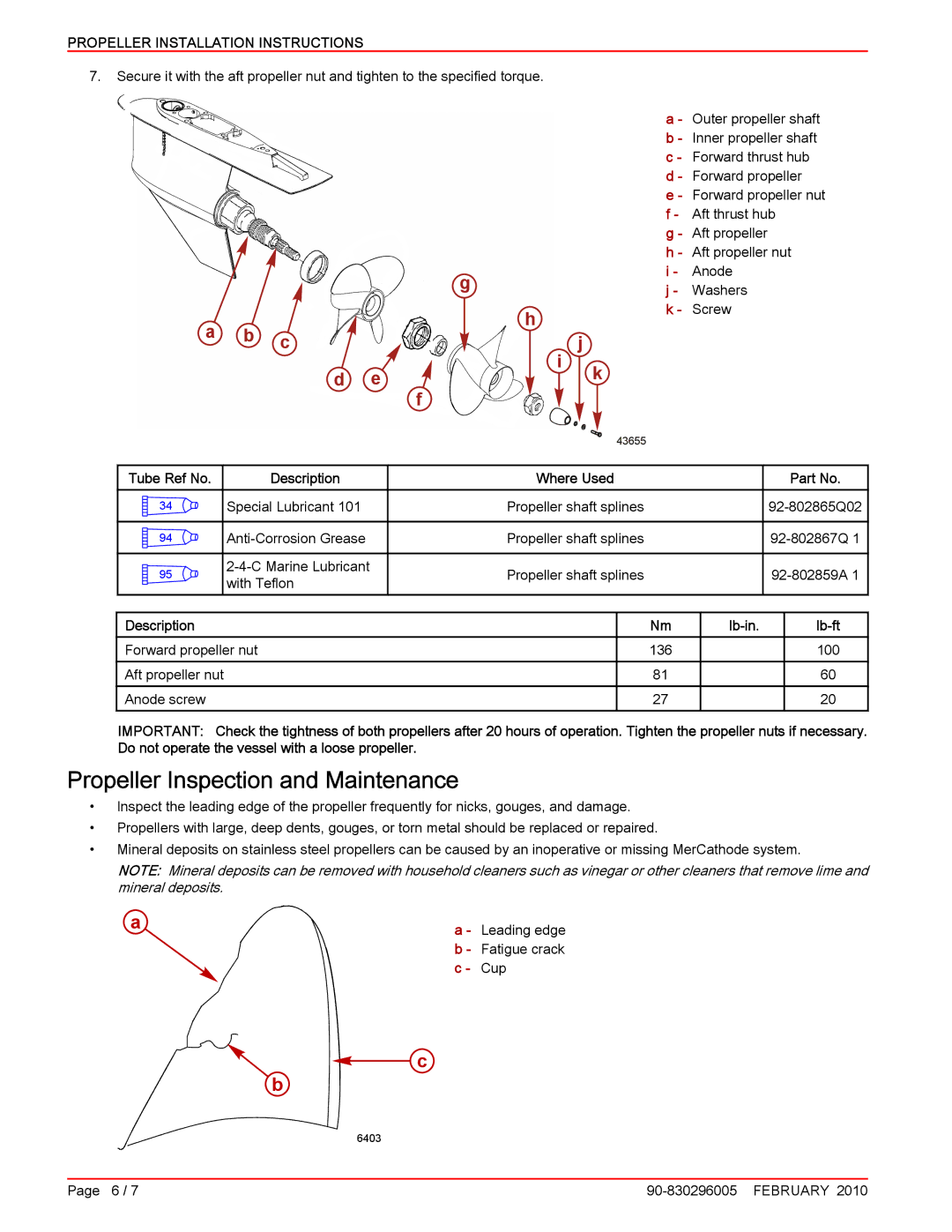 Mercury Marine 90-830296005 manual Propeller Inspection and Maintenance, Description Lb ‑in Lb ‑ft 