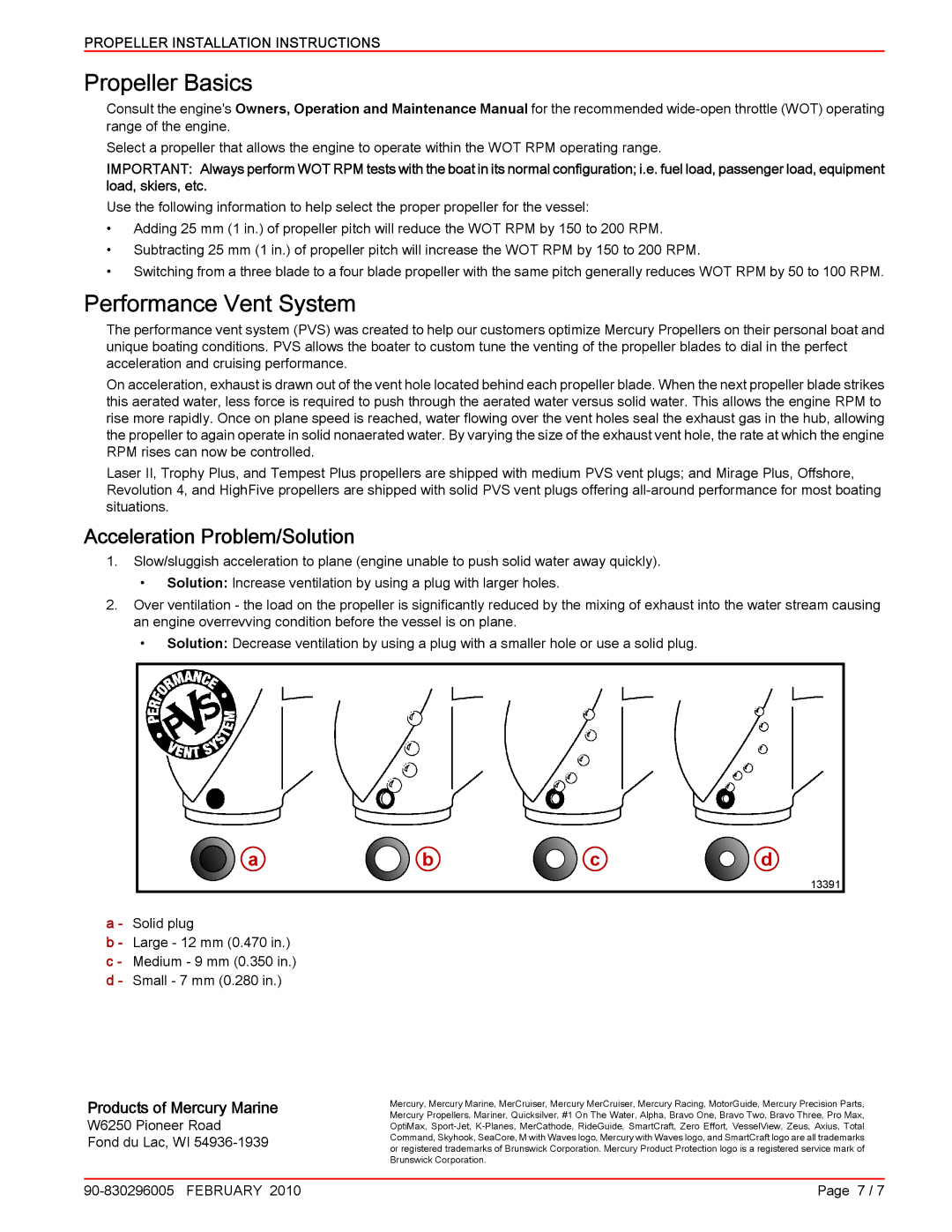 Mercury Marine 90-830296005 manual Propeller Basics, Performance Vent System, Acceleration Problem/Solution 