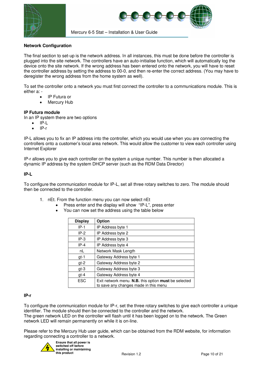 Mercury PR0091 manual Network Configuration, IP Futura module, IP-r 