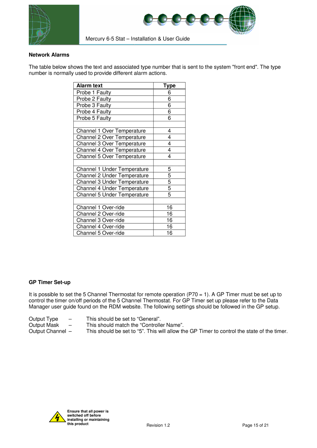 Mercury PR0091 manual Network Alarms, Alarm text Type, GP Timer Set-up 