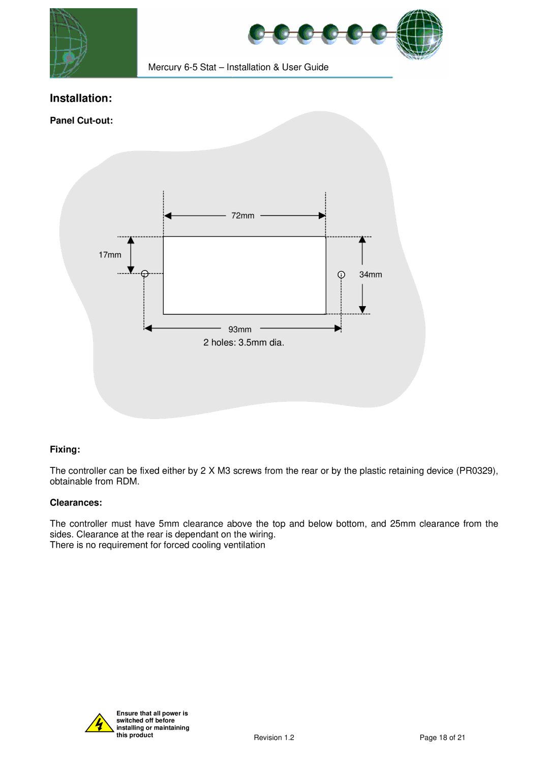 Mercury PR0091 manual Panel Cut-out, Fixing, Clearances 