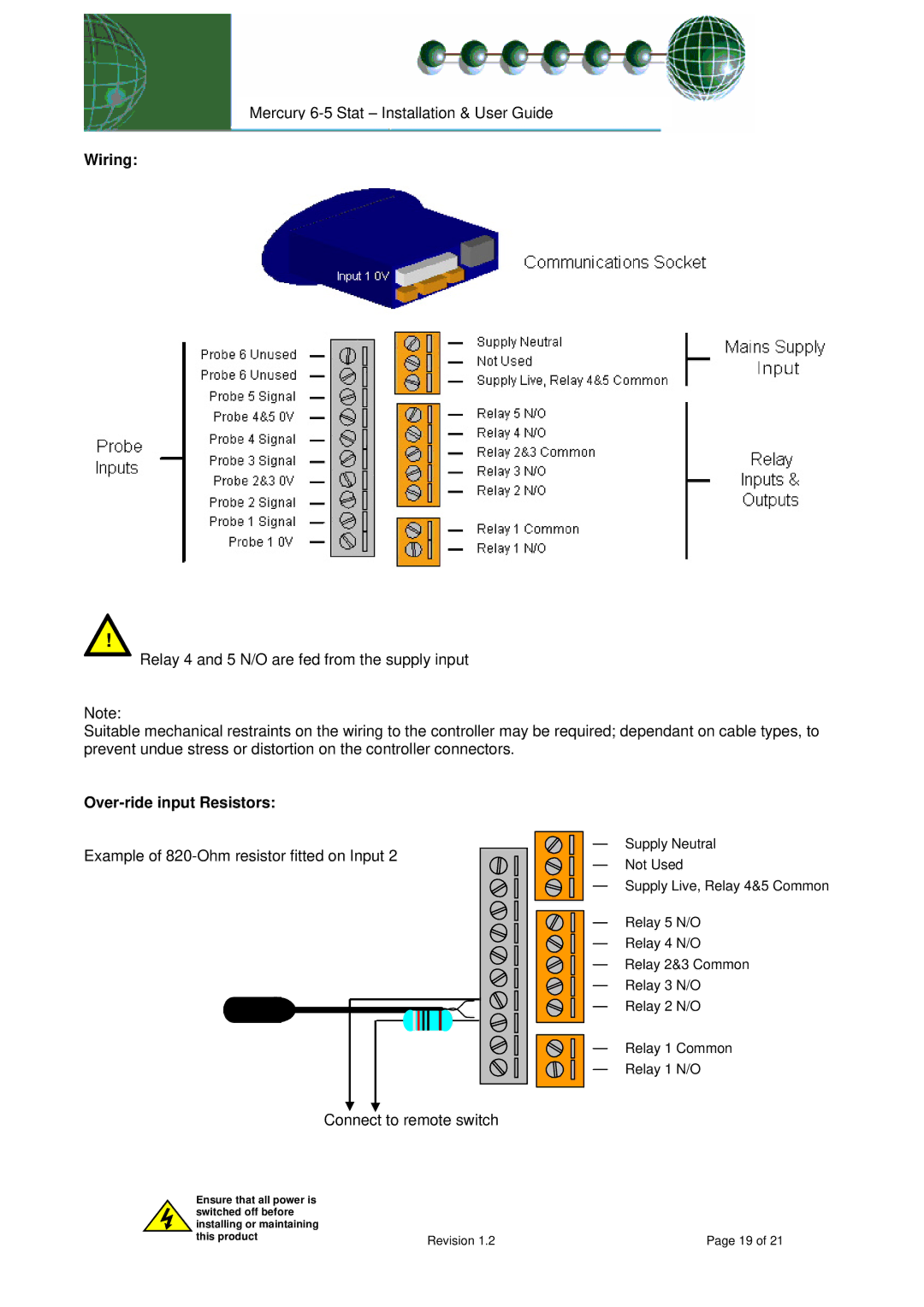 Mercury PR0091 manual Wiring, Over-ride input Resistors 