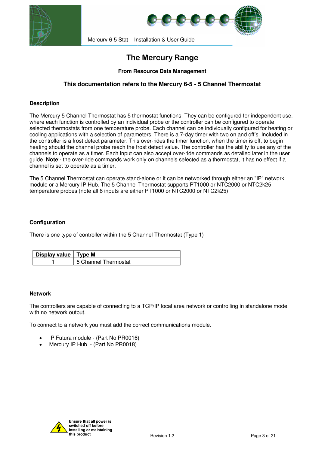 Mercury PR0091 From Resource Data Management, Description, Configuration, Display value Type M Channel Thermostat Network 