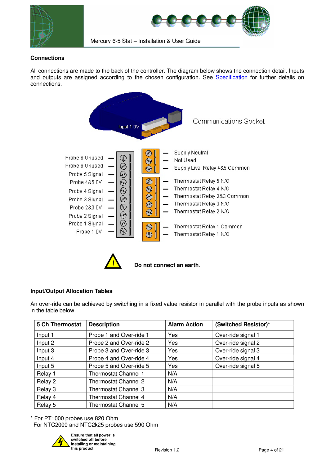 Mercury PR0091 manual Connections, Do not connect an earth Input/Output Allocation Tables 