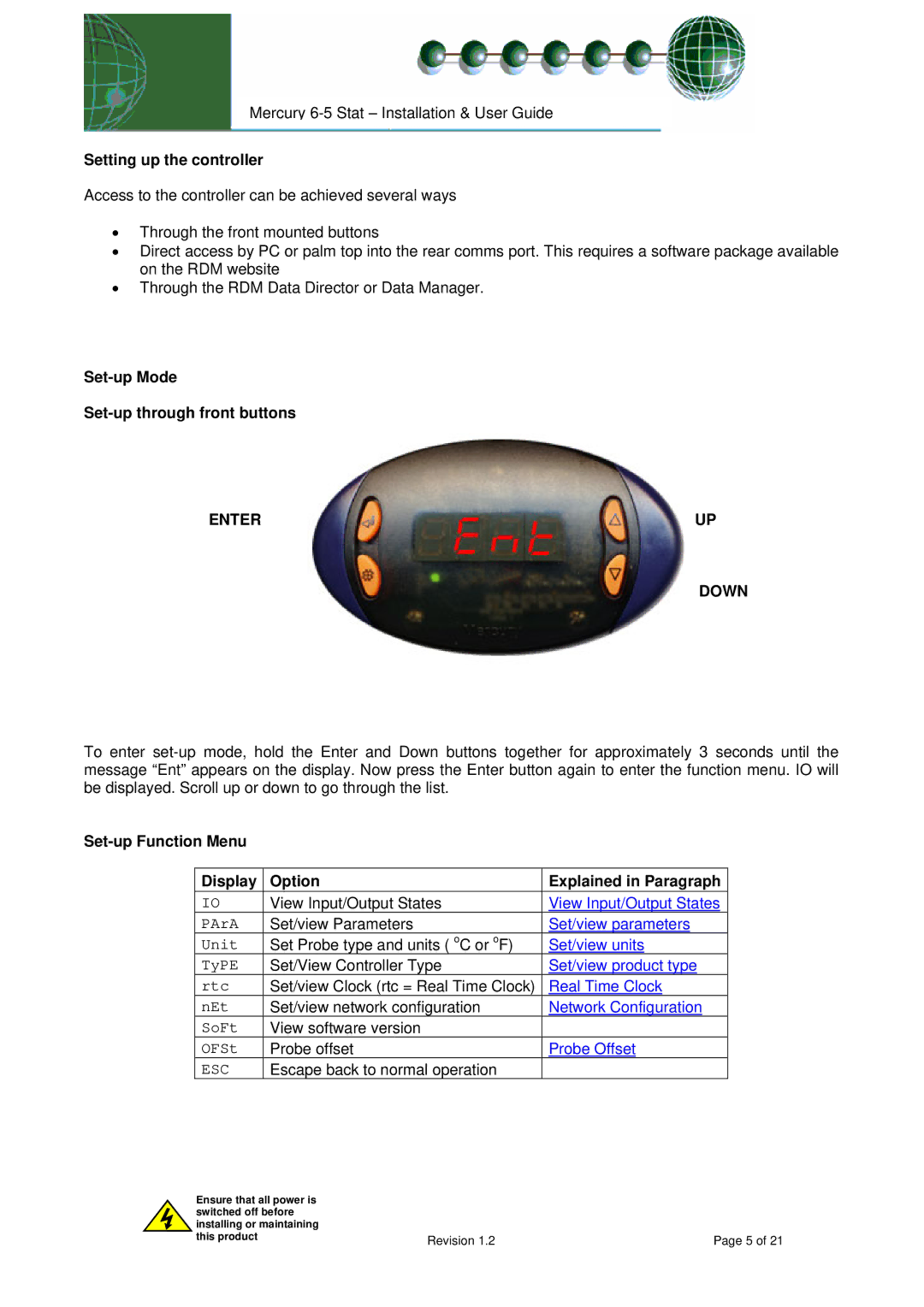 Mercury PR0091 manual Setting up the controller, Set-up Mode Set-up through front buttons 