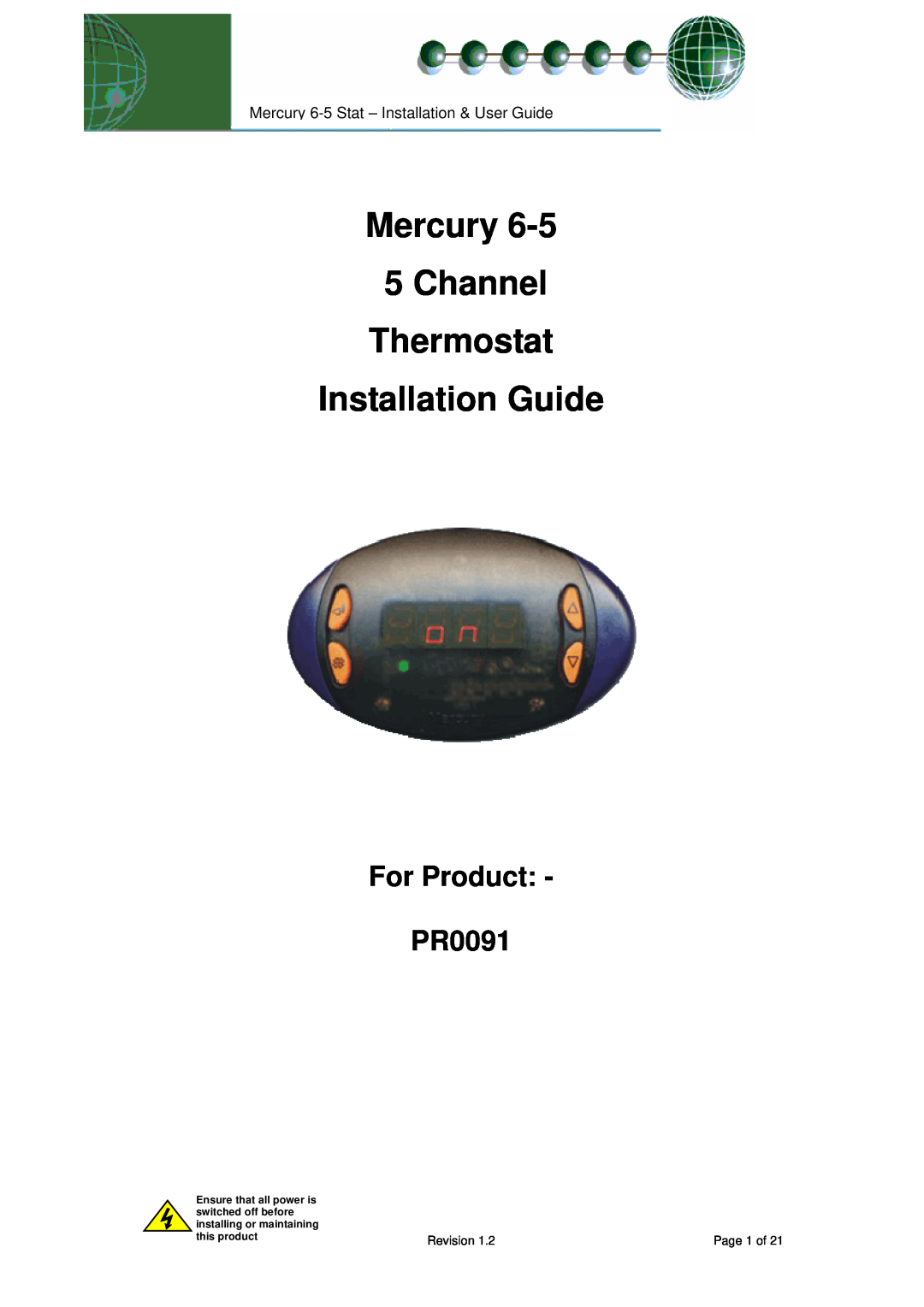 Mercury manual Mercury 5Channel Thermostat Installation Guide, For Product PR0091, Revision, Page 1 of, this product 
