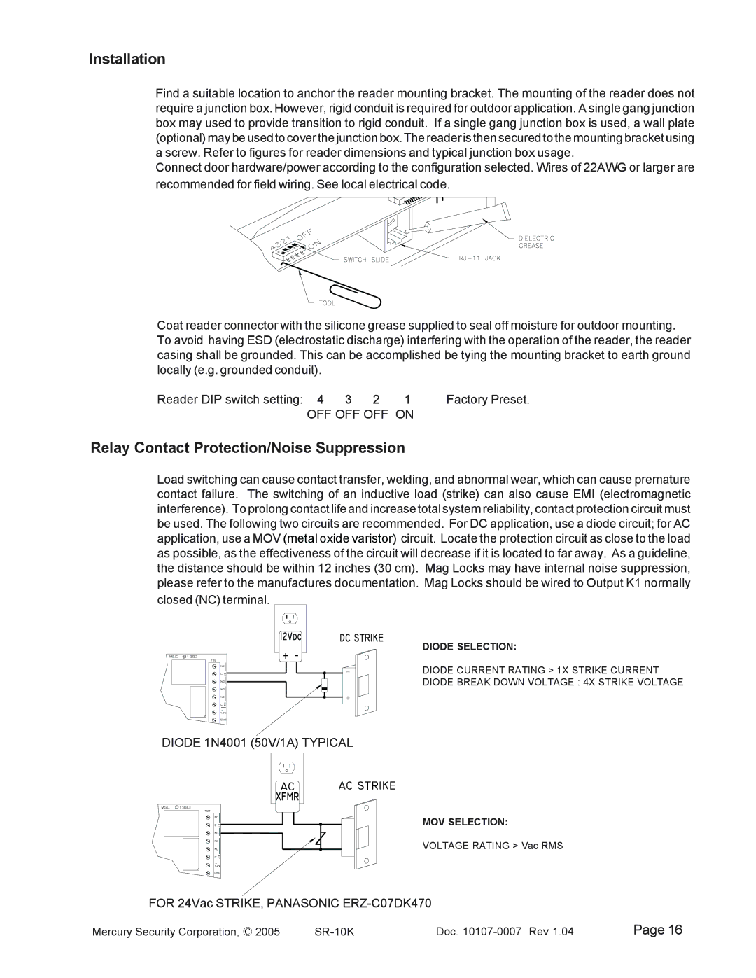 Mercury SR-10K Mag-Stripe Access System manual Installation, Relay Contact Protection/Noise Suppression 