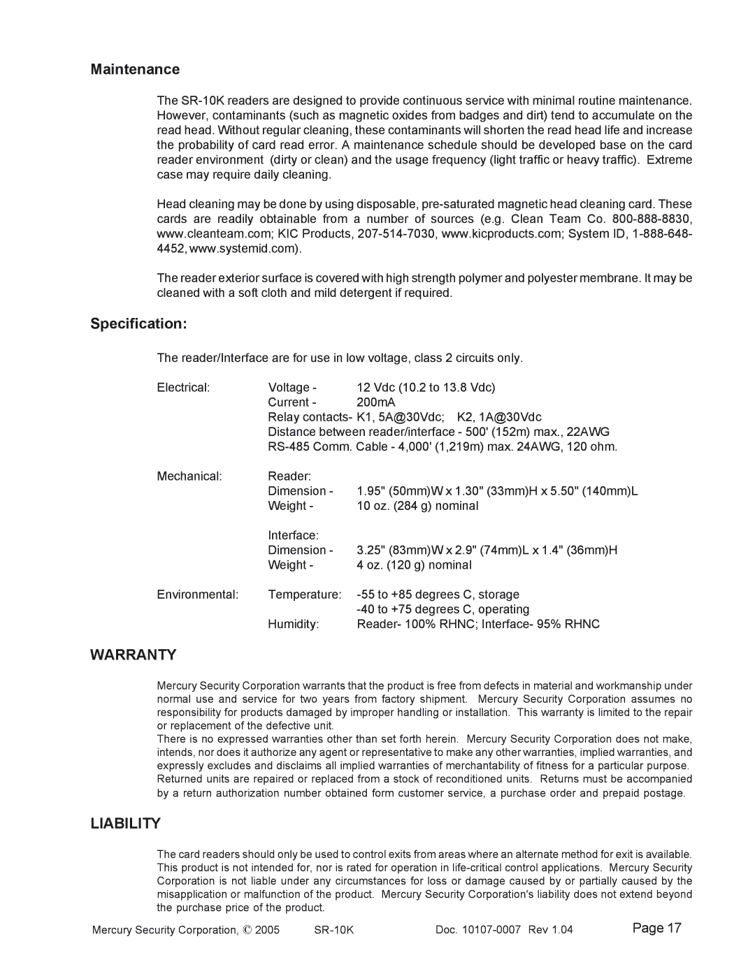 Mercury SR-10K Mag-Stripe Access System manual Maintenance, Specification 