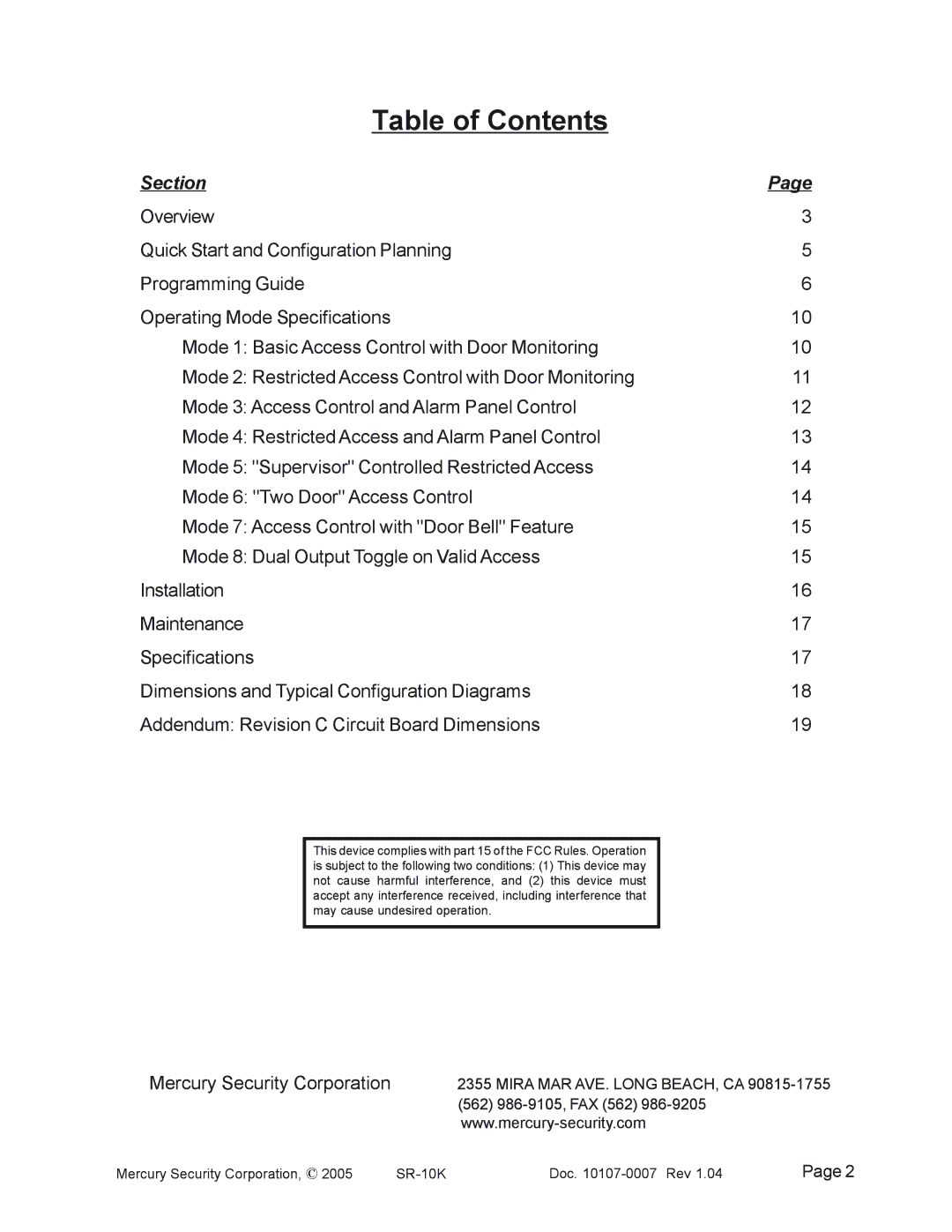 Mercury SR-10K Mag-Stripe Access System manual Table of Contents 