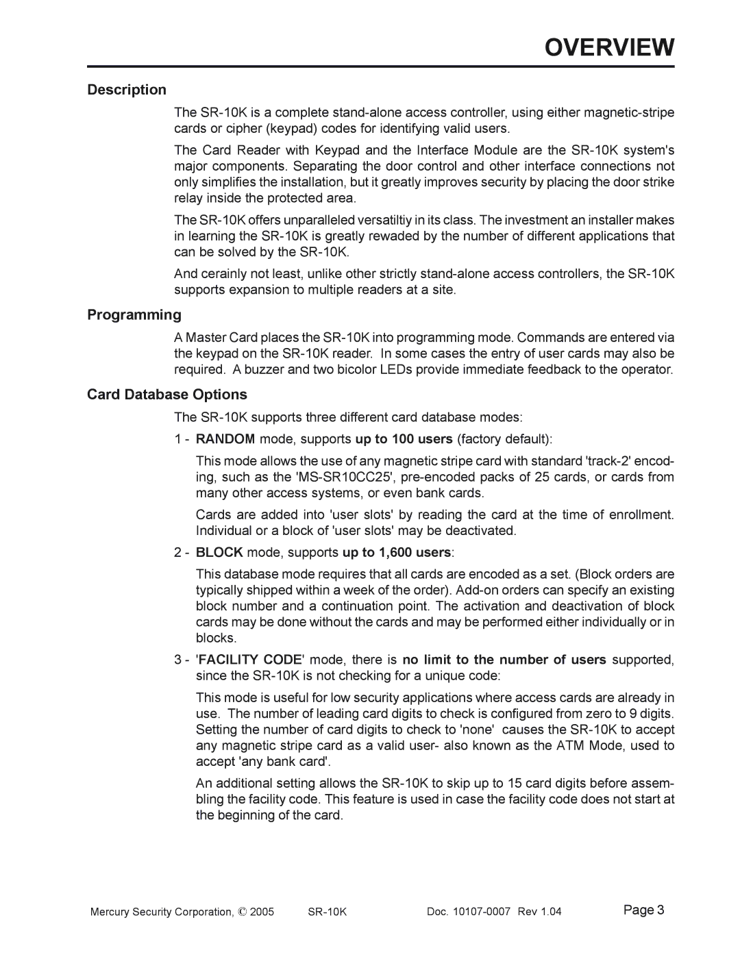 Mercury SR-10K Mag-Stripe Access System manual Description, Programming, Card Database Options 