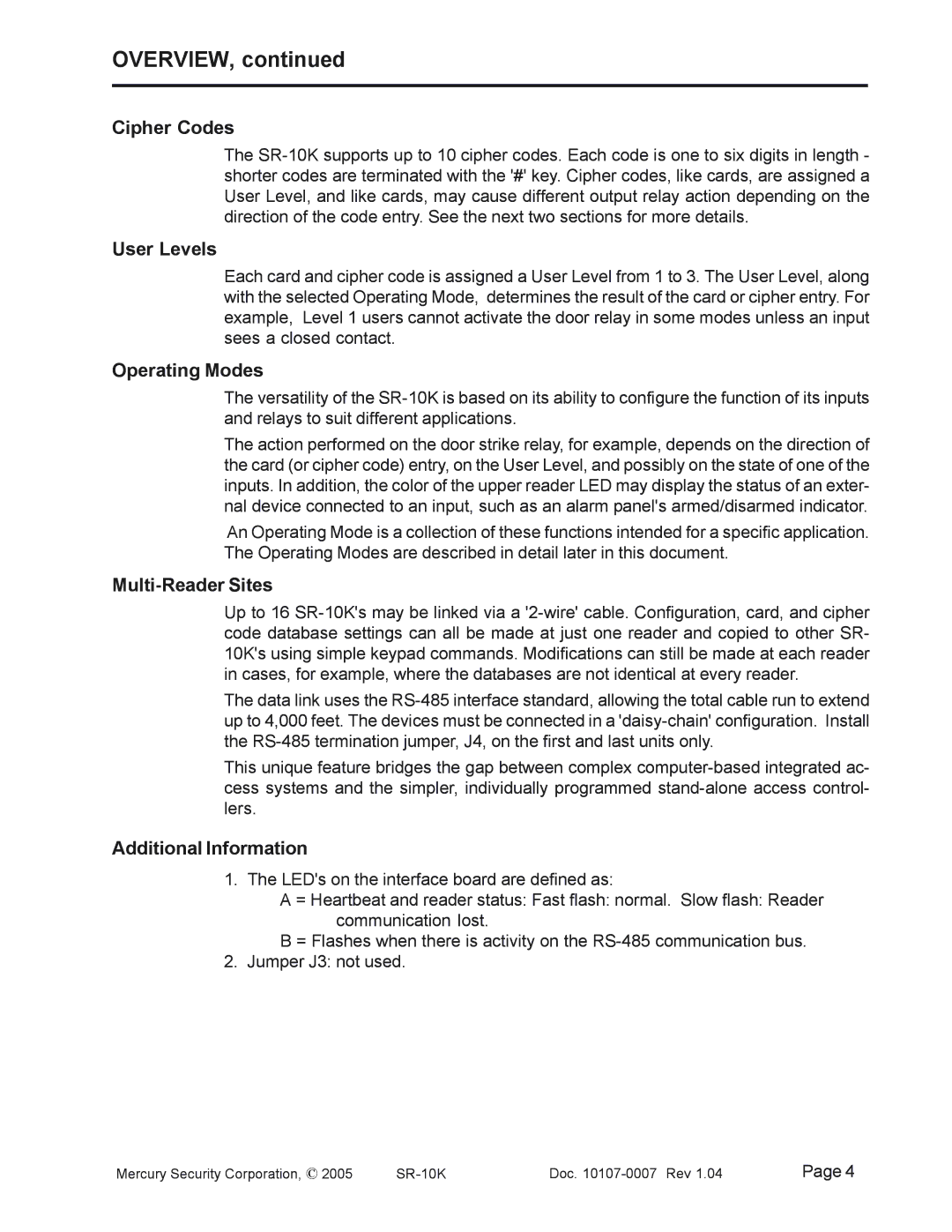 Mercury SR-10K manual Cipher Codes, User Levels, Operating Modes, Multi-Reader Sites, Additional Information 