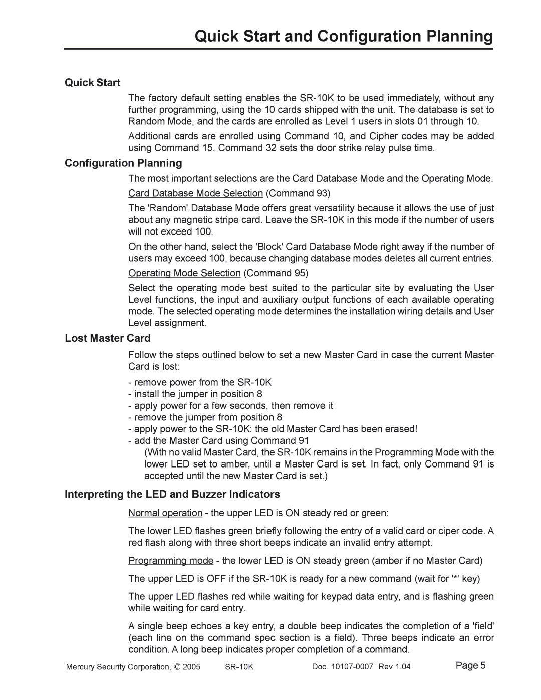 Mercury SR-10K Mag-Stripe Access System manual Quick Start, Configuration Planning, Lost Master Card 