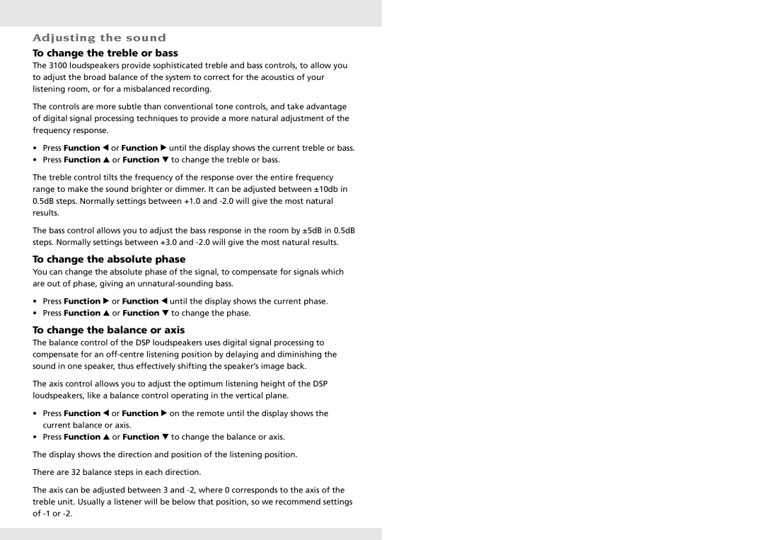 Meridian America 3100 specifications Adjusting the sound, To change the treble or bass, To change the absolute phase 