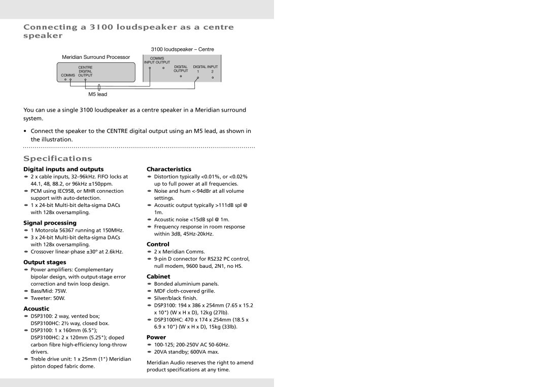 Meridian America specifications Connecting a 3100 loudspeaker as a centre speaker, Specifications 