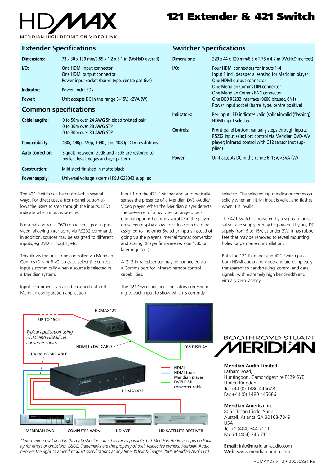 Meridian America 421 manual Extender Speciﬁcations, Common speciﬁcations, Switcher Speciﬁcations, To 30m over 30 AWG STP 