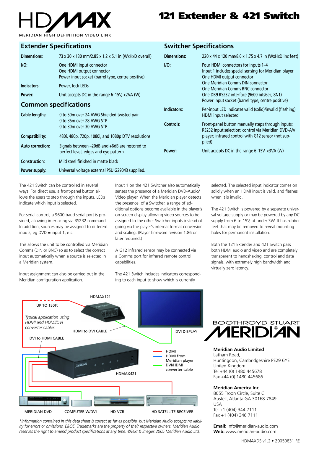 Meridian America 421 Extender Speciﬁcations, Common speciﬁcations, Switcher Speciﬁcations, Meridian Audio Limited, Power 