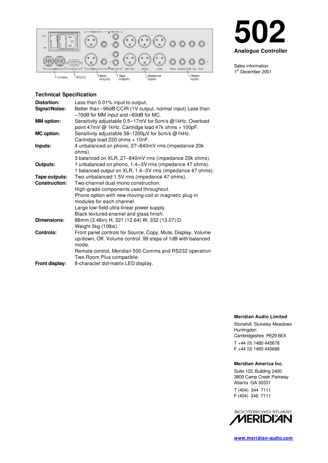 Meridian America 502 manual Technical Specification 