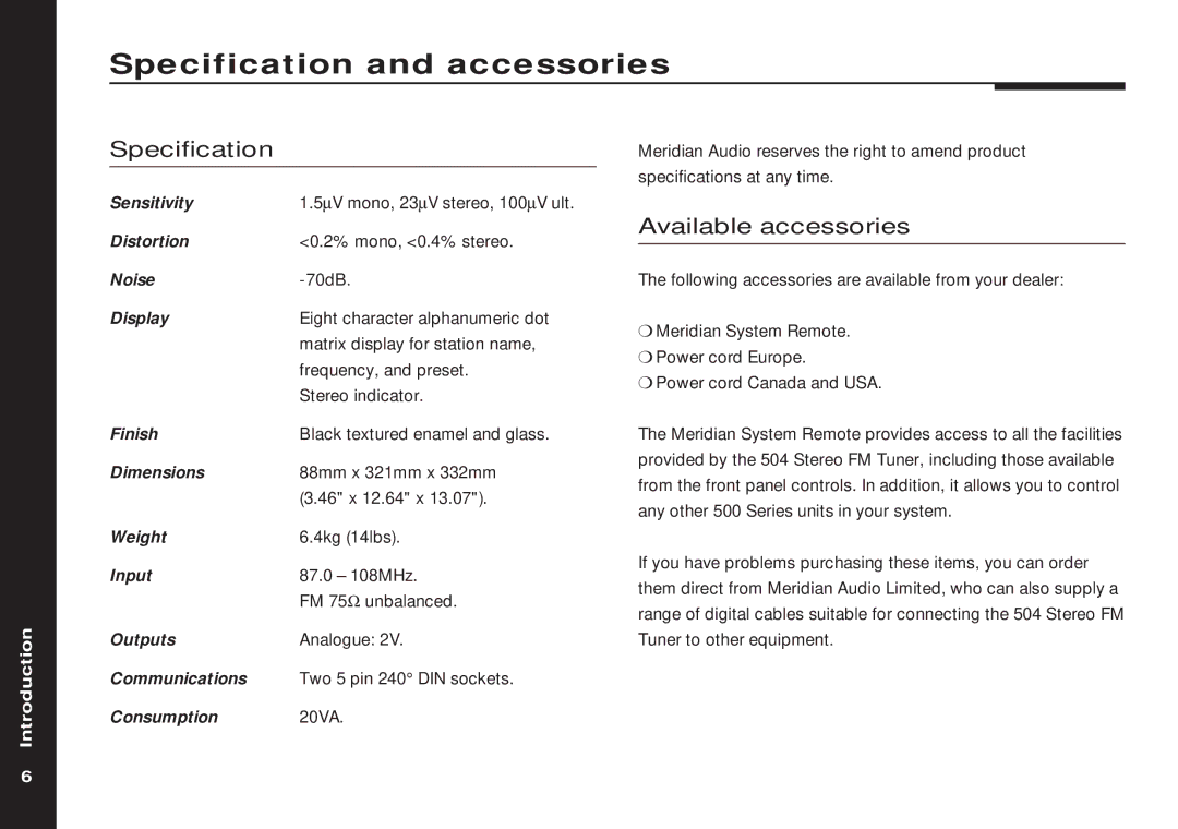 Meridian America 504 manual Specification and accessories, Available accessories 