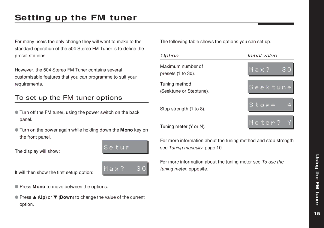 Meridian America 504 manual Setting up the FM tuner, To set up the FM tuner options 