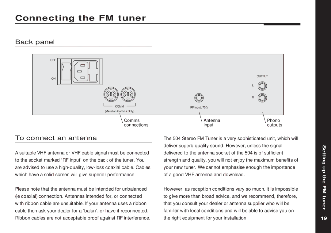 Meridian America 504 manual Connecting the FM tuner, Back panel, To connect an antenna 