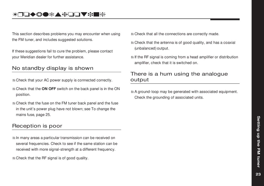 Meridian America 504 manual Troubleshooting, No standby display is shown, There is a hum using the analogue output 