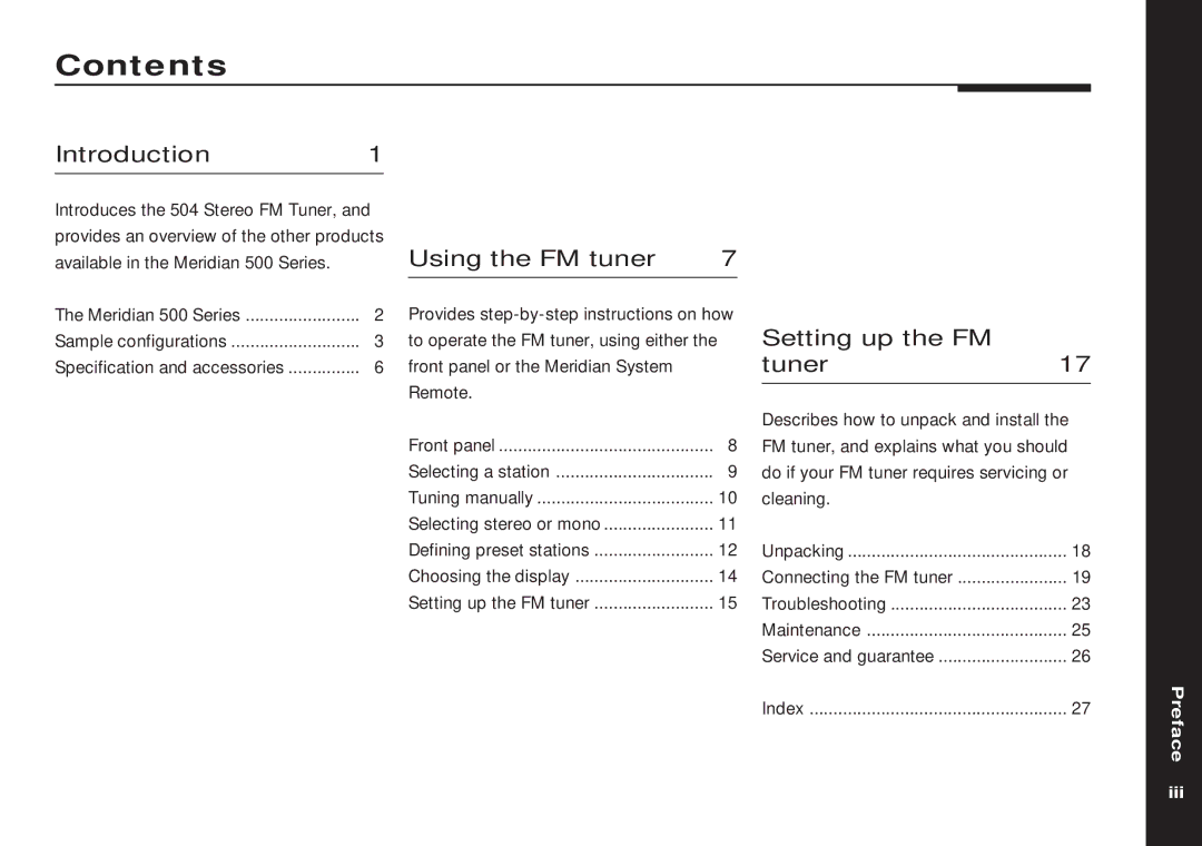 Meridian America 504 manual Contents 