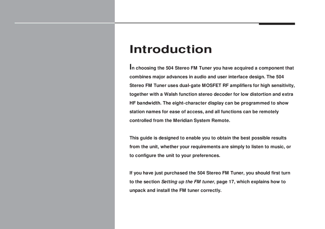 Meridian America 504 manual Introduction 