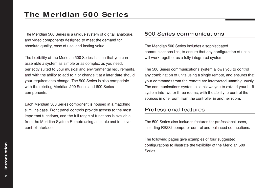 Meridian America 504 manual Meridian 500 Series, Series communications, Professional features 