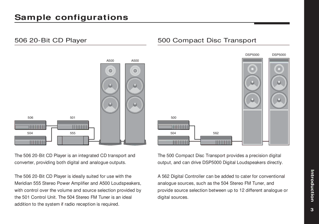 Meridian America 504 manual Sample configurations, 506 20-Bit CD Player Compact Disc Transport 