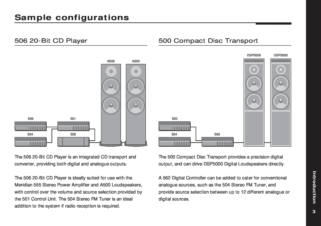 Meridian America 504 manual Sample configurations, 506 20-BitCD Player, Compact Disc Transport, Introduction 
