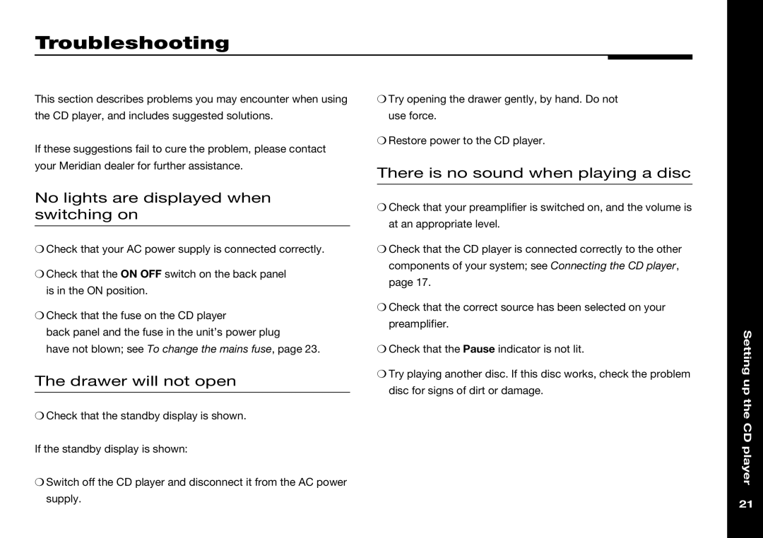 Meridian America 506 manual Troubleshooting, No lights are displayed when switching on, Drawer will not open 