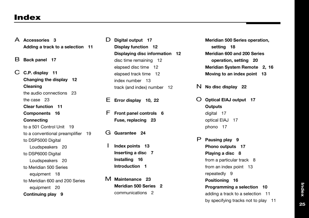 Meridian America 506 manual Index 