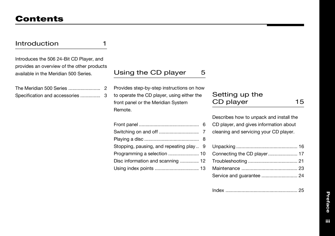 Meridian America 506 manual Contents 