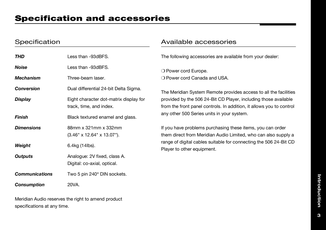 Meridian America 506 manual Specification and accessories, Specification Available accessories 