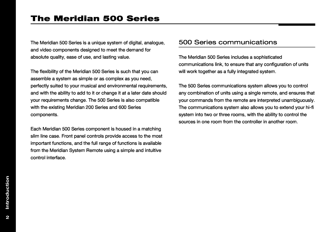Meridian America 506 manual The Meridian 500 Series, Series communications, Introduction 