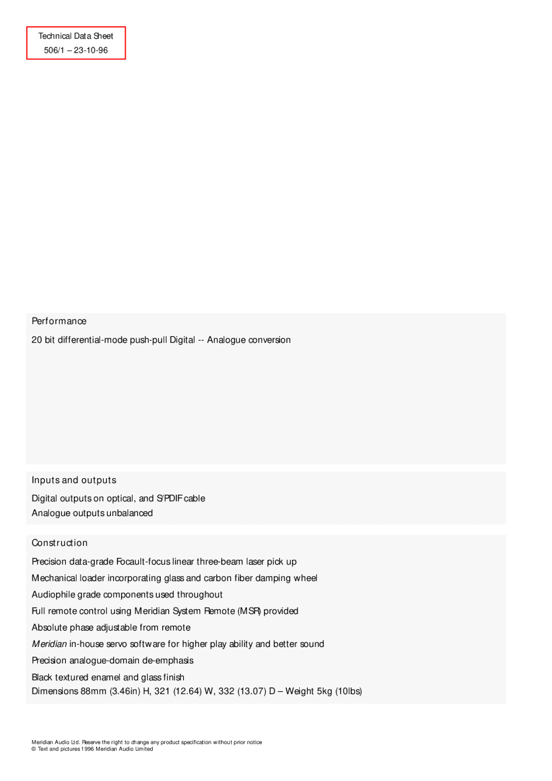 Meridian America 506/1 manual Performance, Inputs and outputs, Construction 