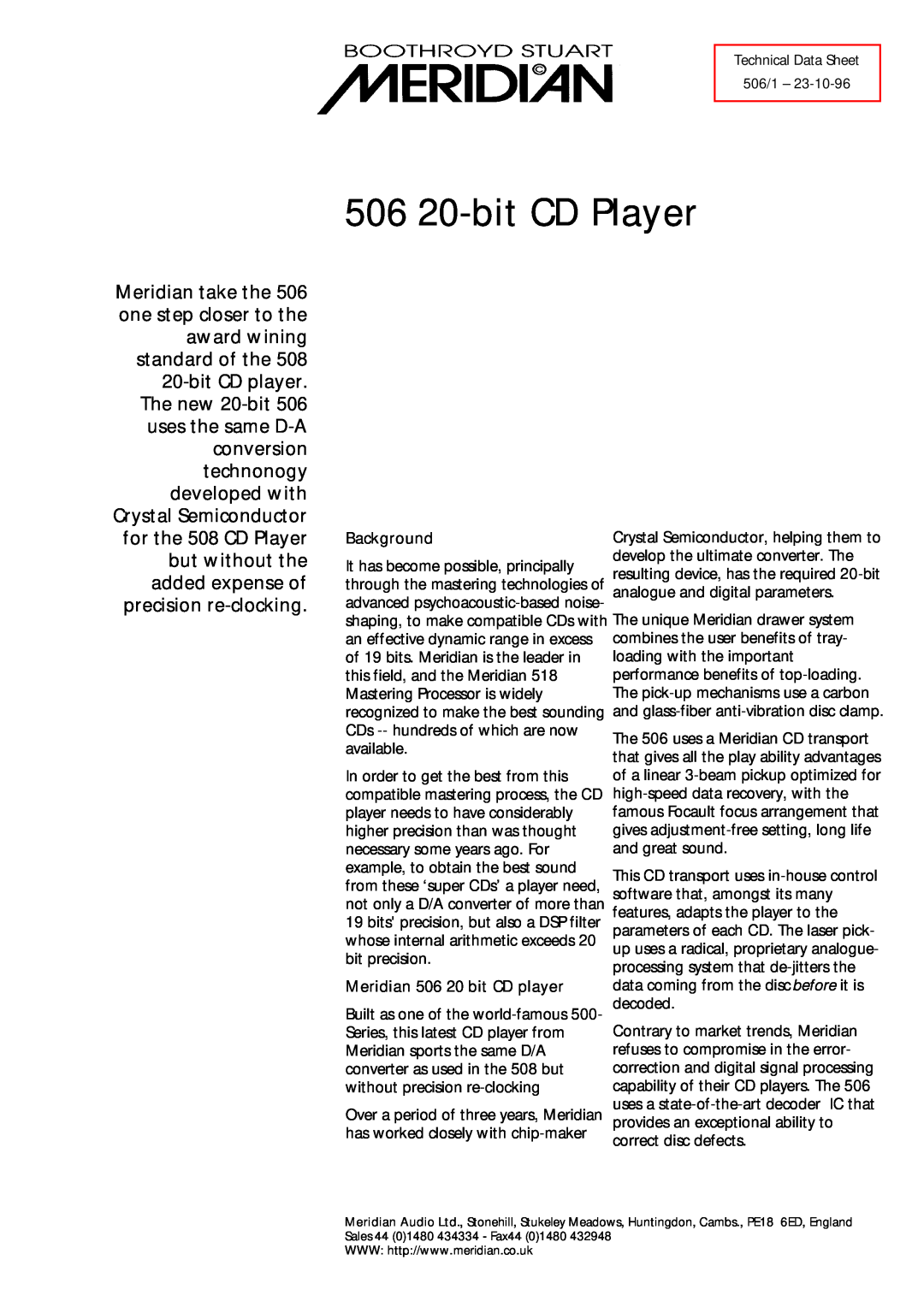 Meridian America 506/1 manual Background, Meridian 506 20 bit CD player, 506 20-bitCD Player 
