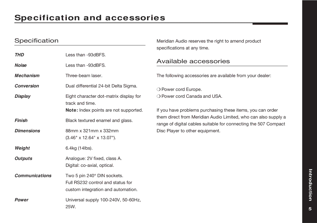 Meridian America 507 manual Specification and accessories, Available accessories 