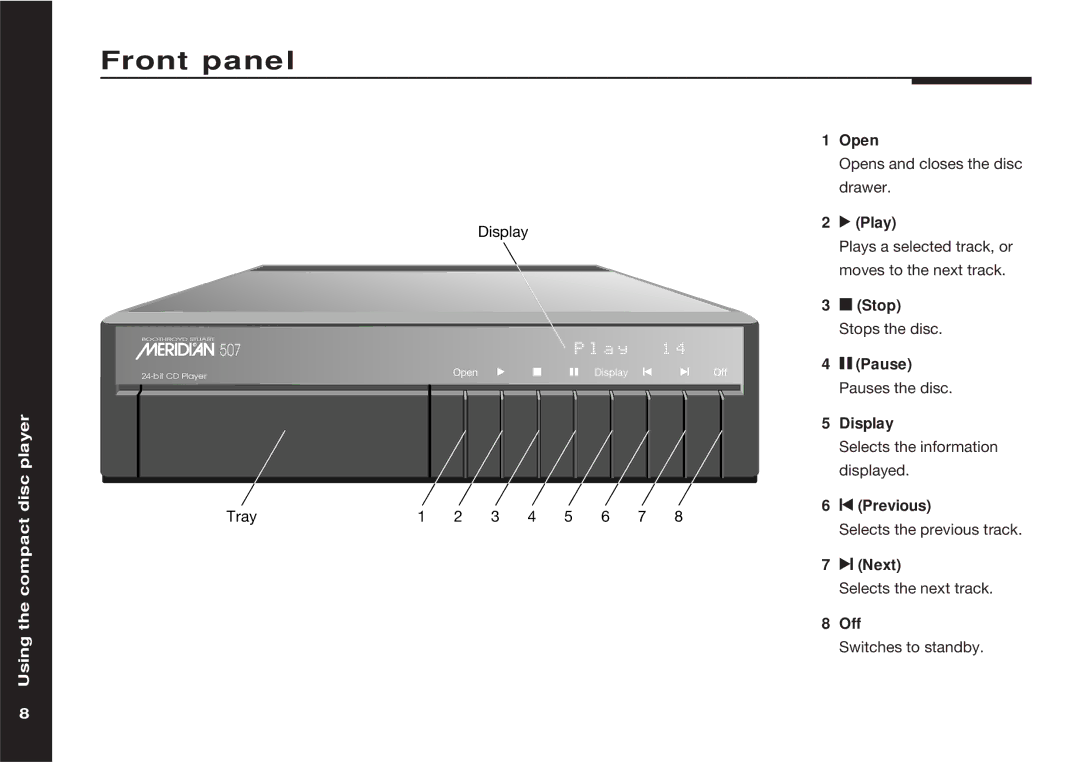 Meridian America 507 manual Front panel, Using the compact disc player 