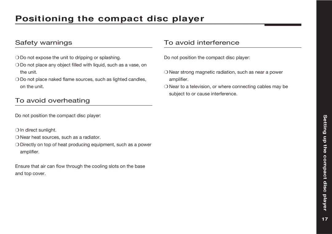 Meridian America 507 Positioning the compact disc player, Safety warnings, To avoid interference, To avoid overheating 