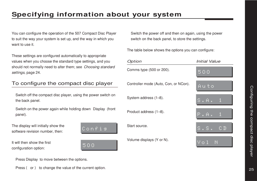 Meridian America 507 manual Specifying information about your system, To configure the compact disc player, Configuring 