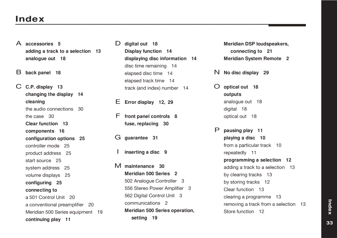 Meridian America 507 manual Index 