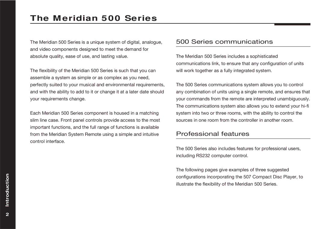 Meridian America 507 manual Meridian 500 Series, Series communications, Professional features, Introduction 