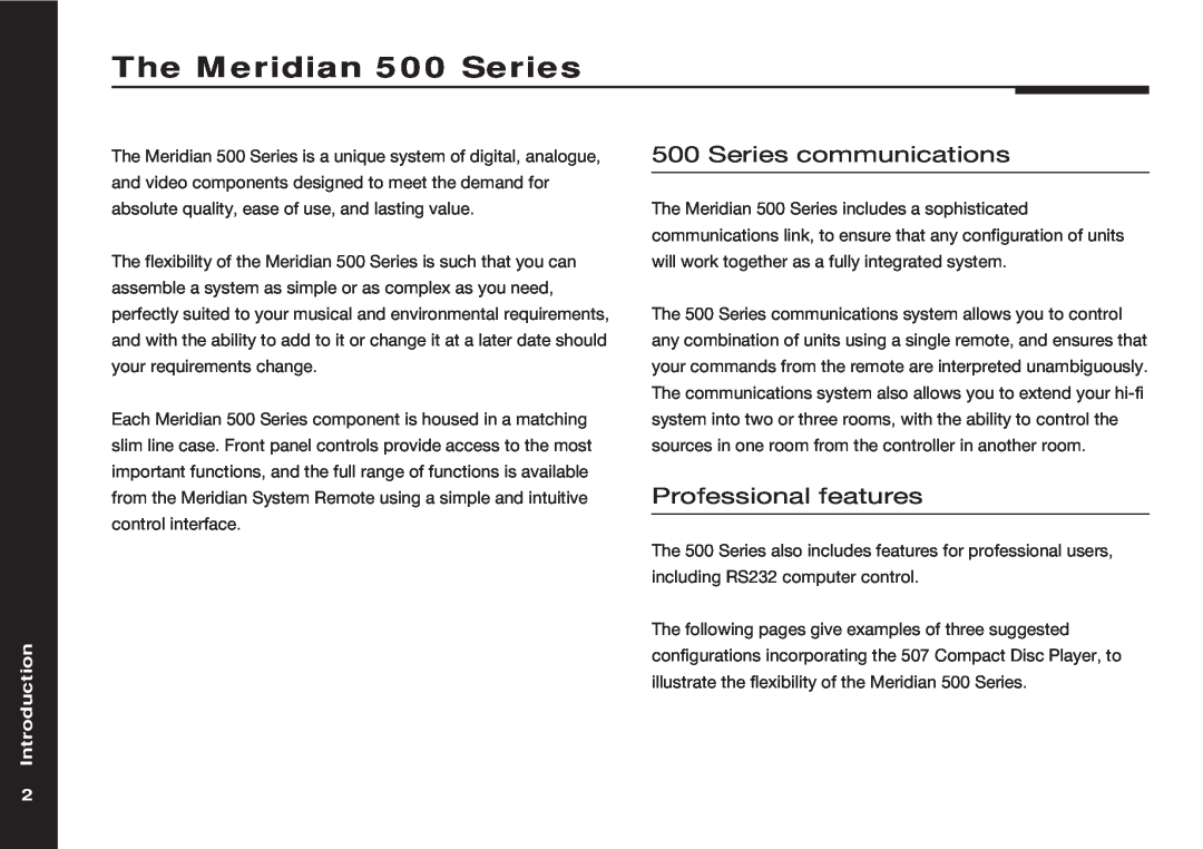 Meridian America 507 manual The Meridian 500 Series, Series communications, Professional features, Introduction 