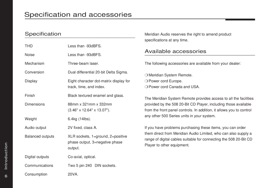 Meridian America 508 manual Specification and accessories, Available accessories 