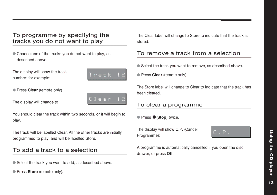 Meridian America 508 manual To remove a track from a selection, To clear a programme, To add a track to a selection, Clear 