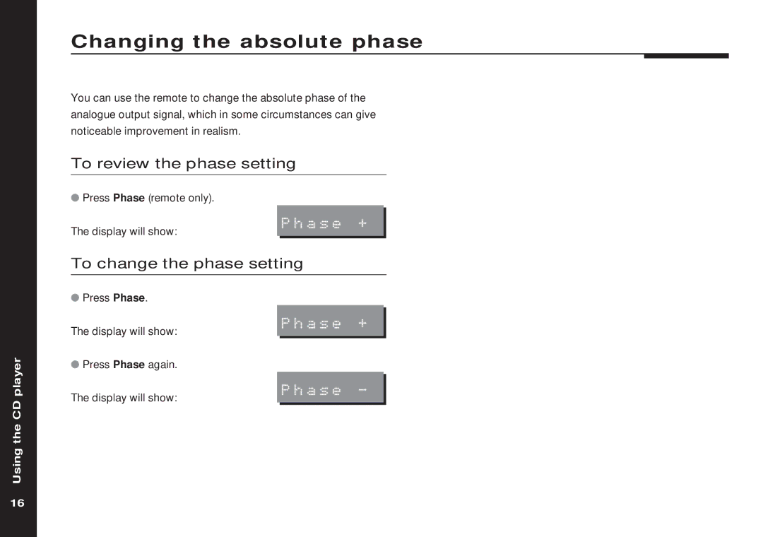 Meridian America 508 manual Changing the absolute phase, To review the phase setting, To change the phase setting, Phase + 