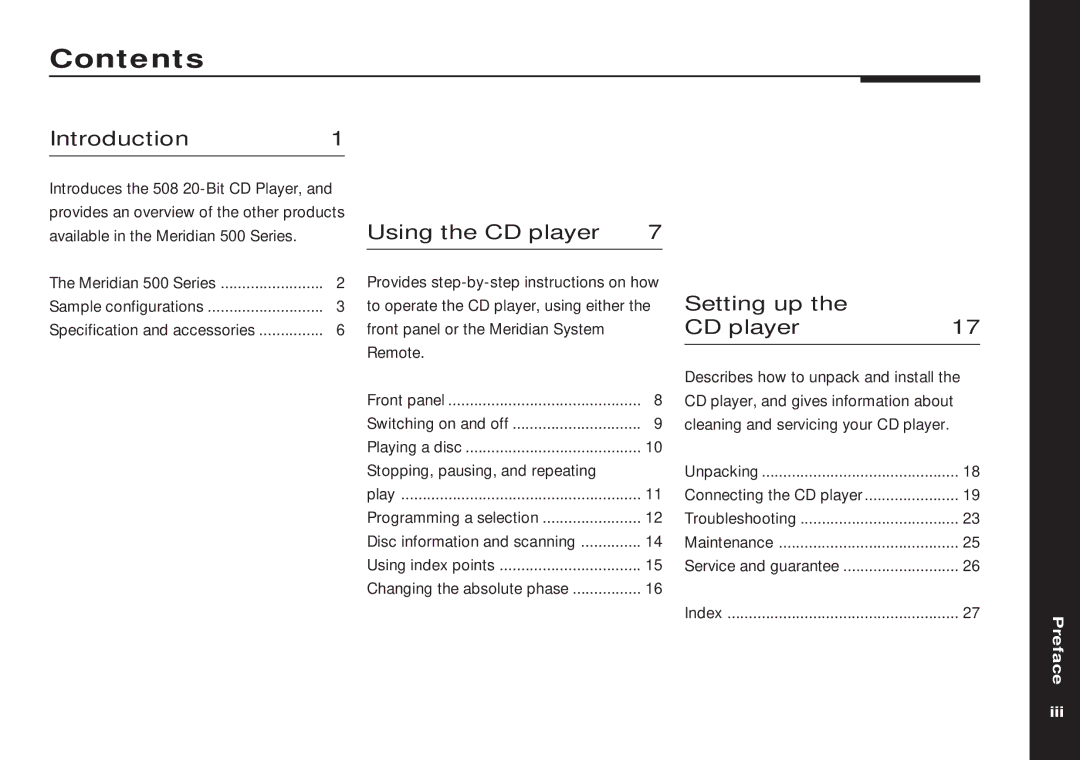 Meridian America 508 manual Contents 