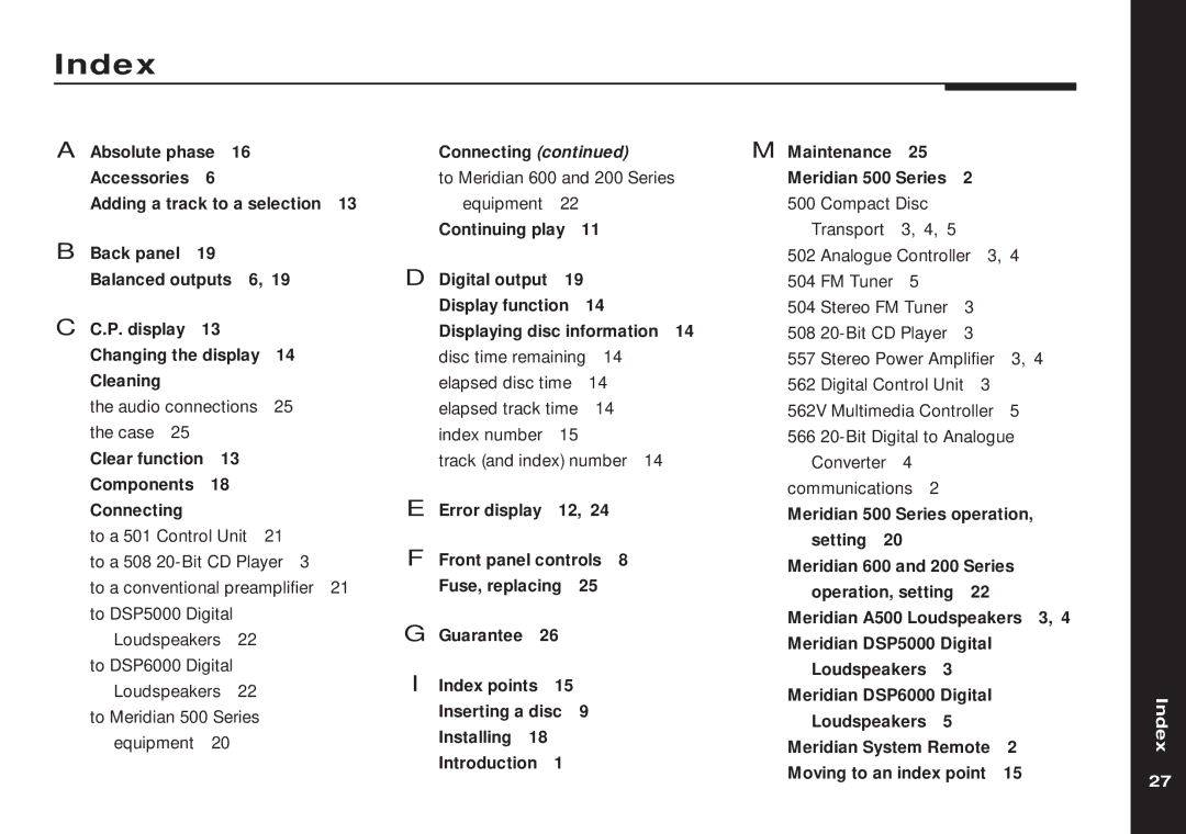 Meridian America 508 manual Index 