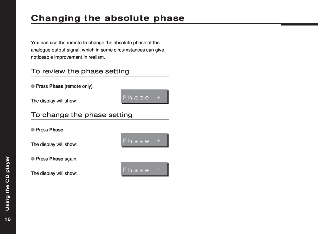 Meridian America 508 Changing the absolute phase, To review the phase setting, To change the phase setting, player, Phase 